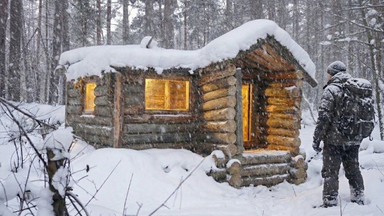 Surviving Overnight In a Primitive Log Shelter in the Forest During a Winter Snowstorm | Nature ASMR