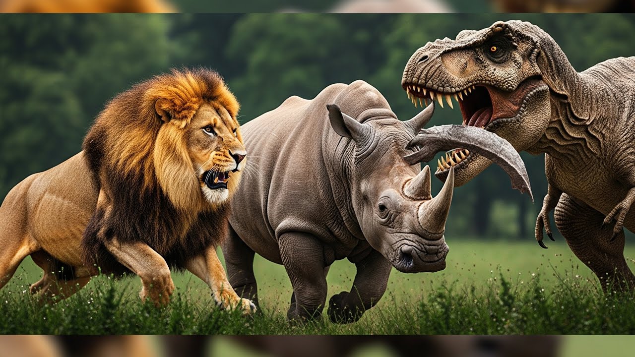 Prehistoric Showdown: T-Rex vs the Lion and the Steel-Horned Rhino Herd