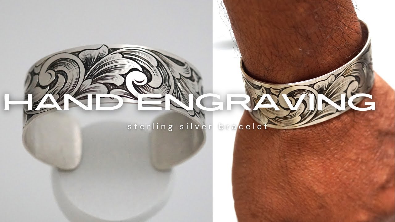 Making and hand engraving a sterling silver jewelry bracelet in scroll design.