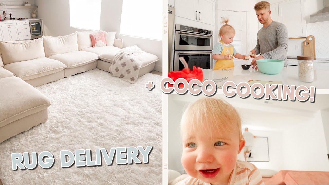baking cookies with coco + new rug delivery for the basement!