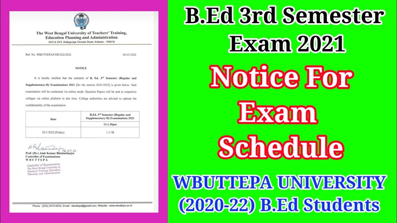 B.Ed 3rd semester exam schedule 2021.  WBUTTEPA UNIVERSITY (2020-22)