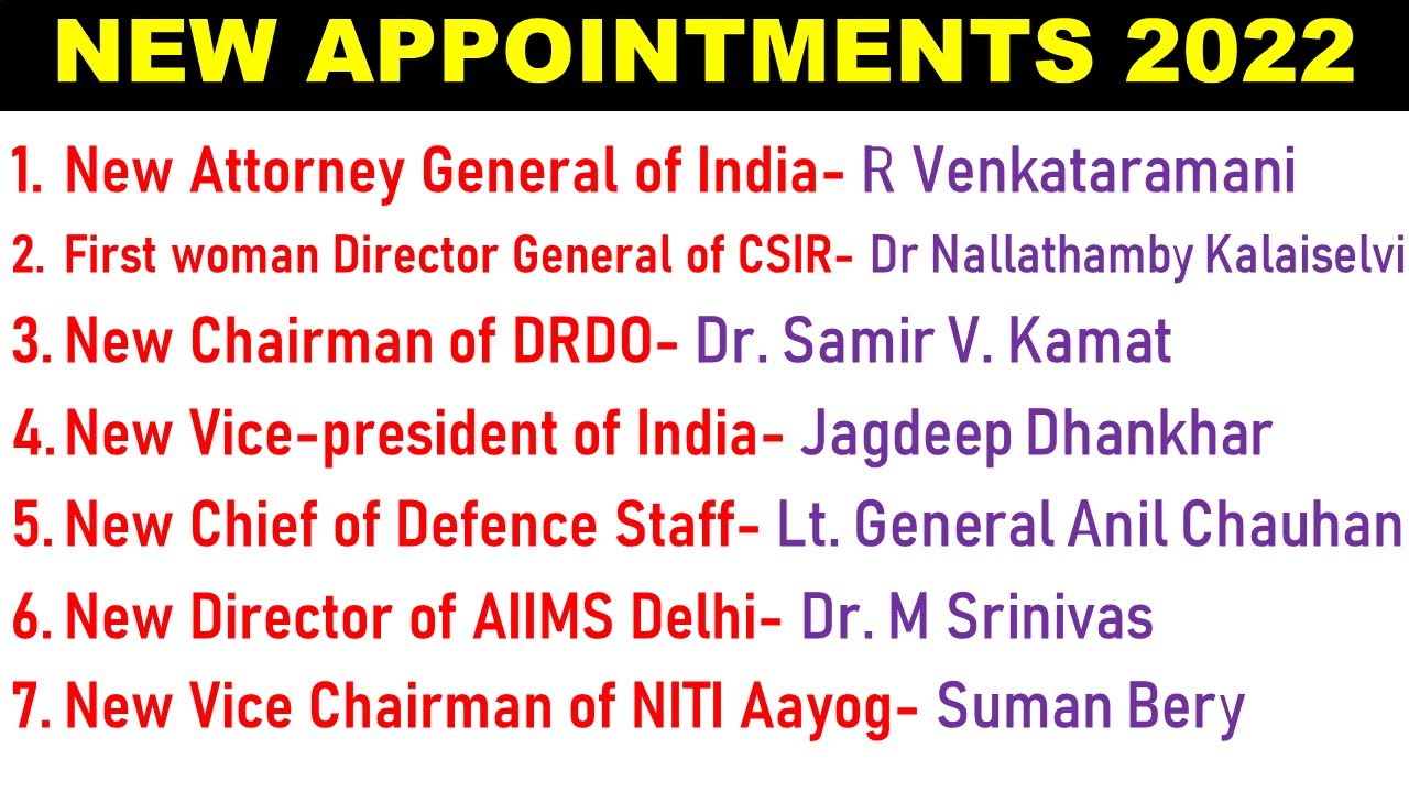 NEW APPOINTMENTS 2022| RECENT APPOINTMENTS FROM JULY TO OCTOBER 2022| CURRENT AFFAIRS 2022