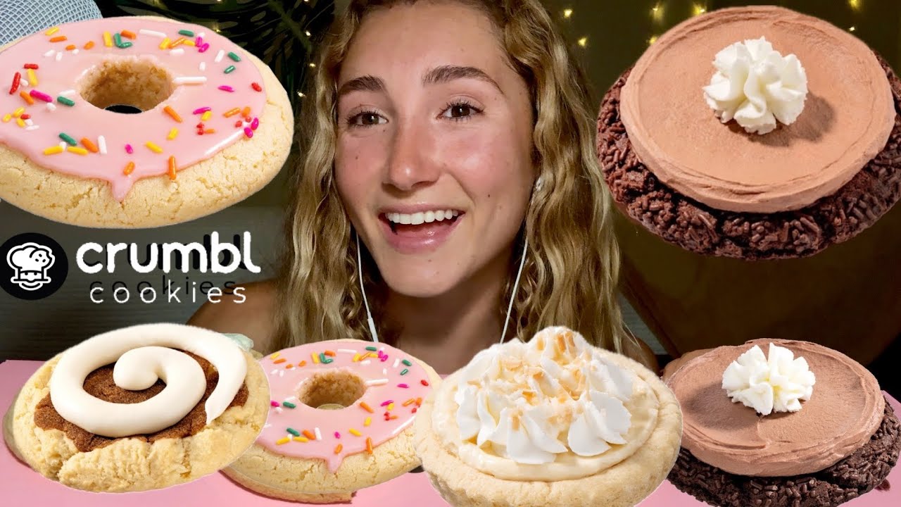 ASMR CRUMBL COOKIES mukbang review | cinnamon roll, donut, coconut cream pie, chocolate milkshake