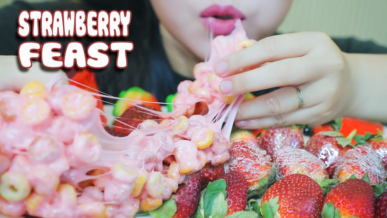 ASMR STRAWBERRY FEAST(MUNG BEAN CAKE,JELLY,TANGHULU,FROOT LOOPS MARSHMALLOW,EDIBLE GLASS)| LINH-ASMR