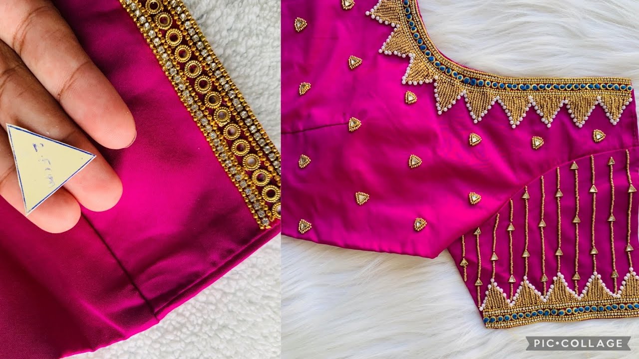Easy & attractive pearl & bead bridal aari/maggam work on stitched blouse with normal needle stitch