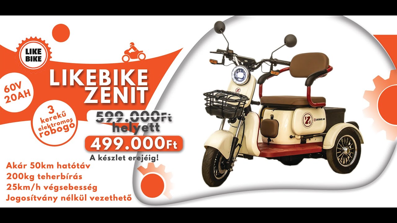 LIKEBIKE - ZENIT 3 kerekű elektromos robogó, minőségi kialakítás.