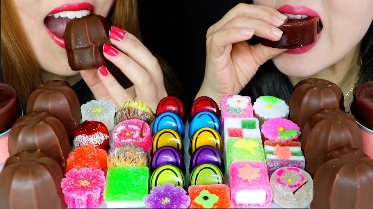 ASMR CHOCOLATE COVERED MARSHMALLOWS, RAINBOW WAGASHI JELLY CANDY, BLACK CHOCOLATE 먹방 | Kim&Liz ASMR