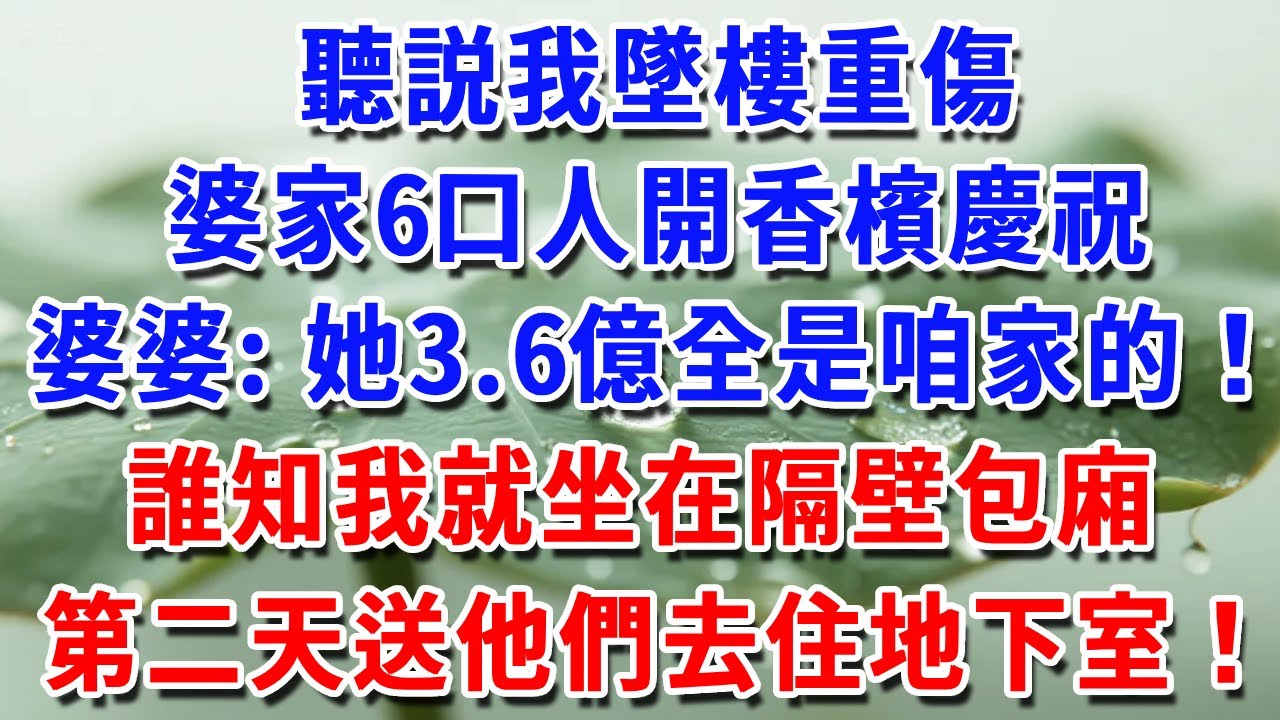 聽説我墜樓重傷，婆家6口開香檳慶祝，婆婆：她3.6億全是咱家的！誰知我坐在隔壁包廂，隔天別墅過戶、他們搬進地下室！#一帆說故事 #為人處世 #生活經驗 #情感 #故事 #彩礼#深夜淺讀