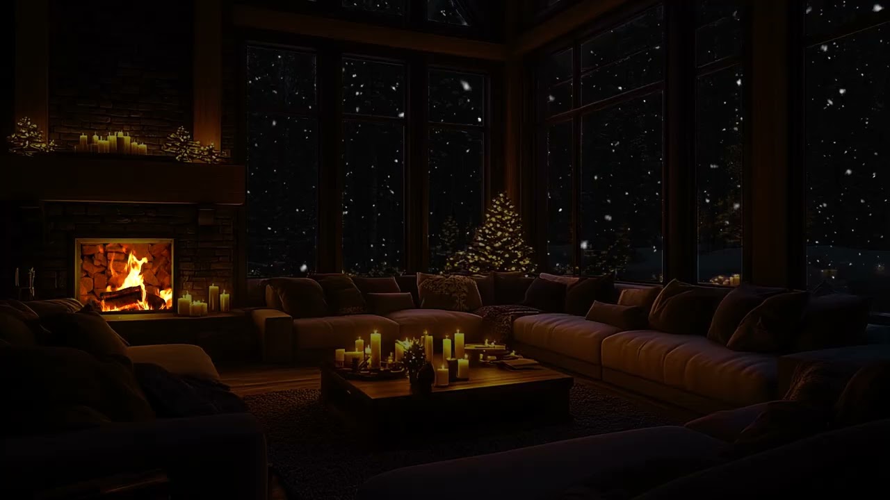 Warm Firelight Glowing in a Snowy Cabin Night Creating Calm for Deep and Restful Sleep
