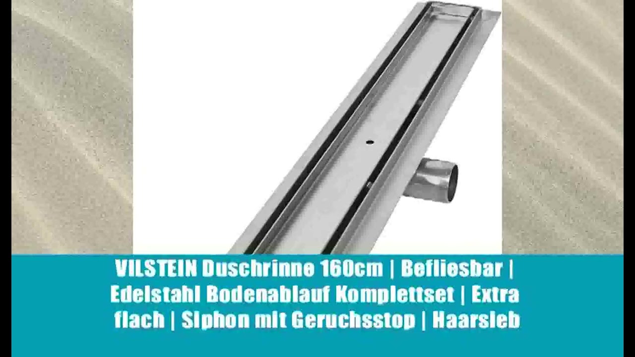 VILSTEIN Duschrinne 160cm | Befliesbar | Edelstahl Bodenablauf Komplettset | Extra flach | Siphon
