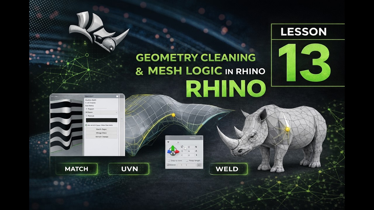 كورس راينو كامل بالعربي | أهم أدوات تنظيف الموديل في Rhino (Match – Weld – UVN) – الدرس 13