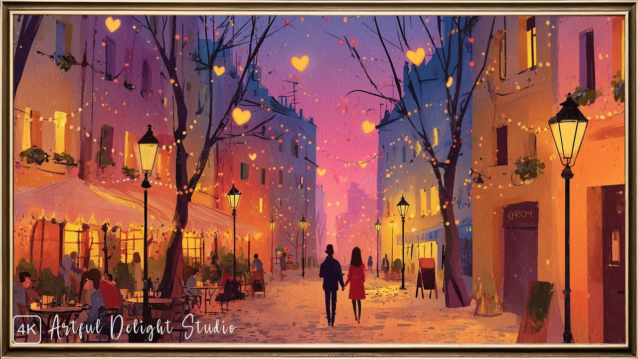 Valentine Hearts in Town Frame TV Art | TV Screensaver | Gold Frame | 4K | Relaxing Music