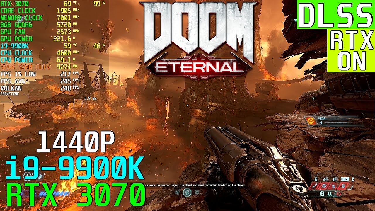 DOOM Eternal (DXR/DLSS): RTX 3070 & i9-9900K | ULTRA + CUSTOM 1440P