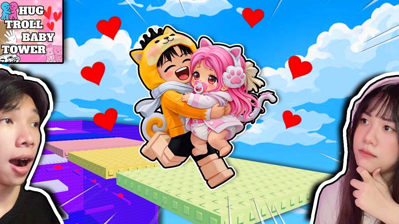 Thử Thách Leo Tháp Troll Ôm Em Bé Người Yêu 🥰 Ngáo Và Kemy Hug Troll Baby Tower Roblox 💖