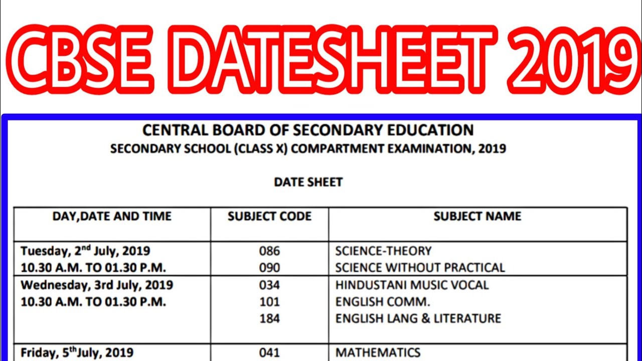 CBSE Officially Declared Datesheet of Compartment Exam 2019 for Class-10-12