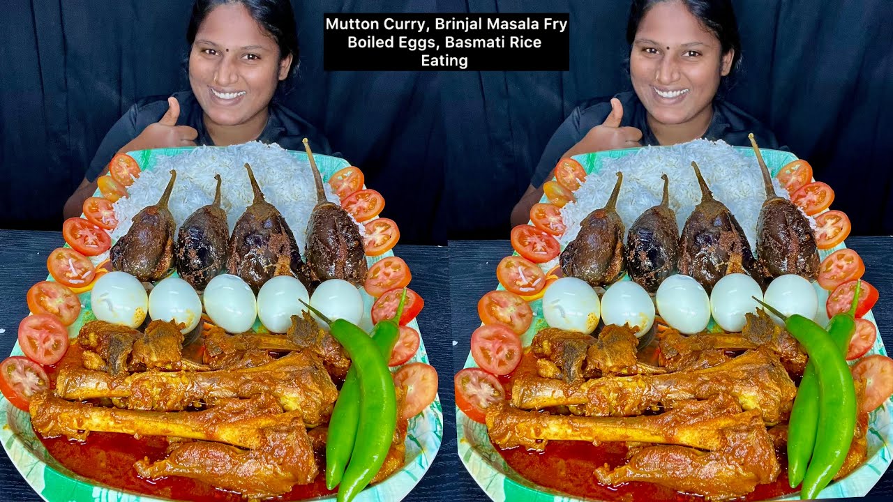 Mutton Curry, Brinjal Masala Fry, Boiled Eggs Basmati Rice Eating Challenge | Video 206