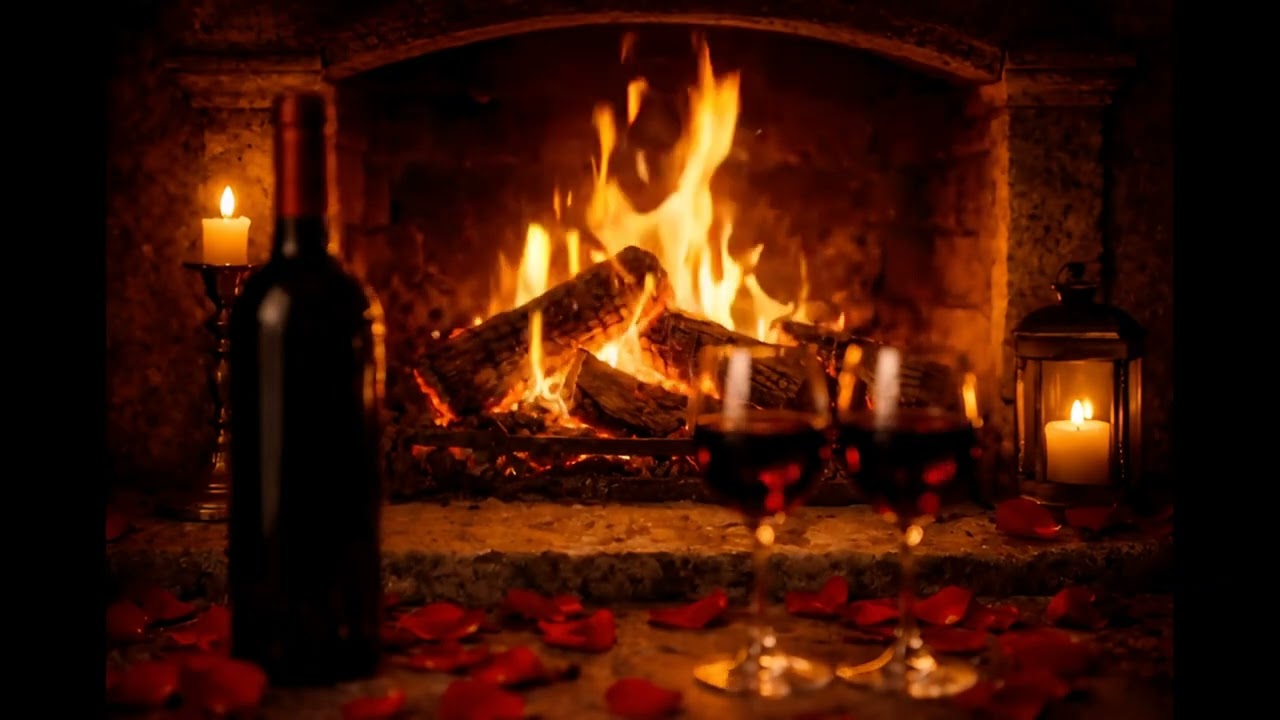 12-Hour Cosy Fireplace Ambiance | Wine & Roses Romantic Scene | Deep Sleep, Relax & Study 4K