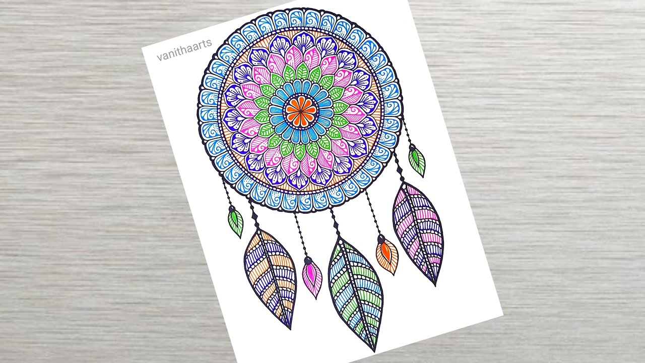 How to Draw Colorful Dream Catcher Mandala Art | Easy Color Mandala Drawing | Mandala for Beginners
