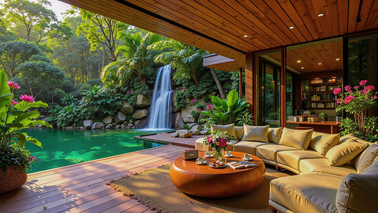 Serene Tropical Waterfall Garden Jazz - Relaxing Jazz Music with Waterfall Nature for Focus & Peace