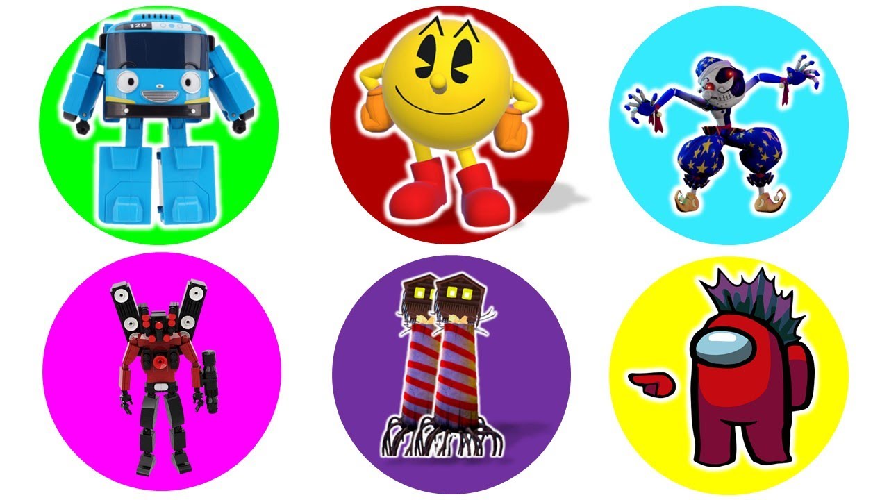 Spin Whel Among Us, Lighthouse Head, Moondrop, Pacman, Sound Man, Tayo Robot