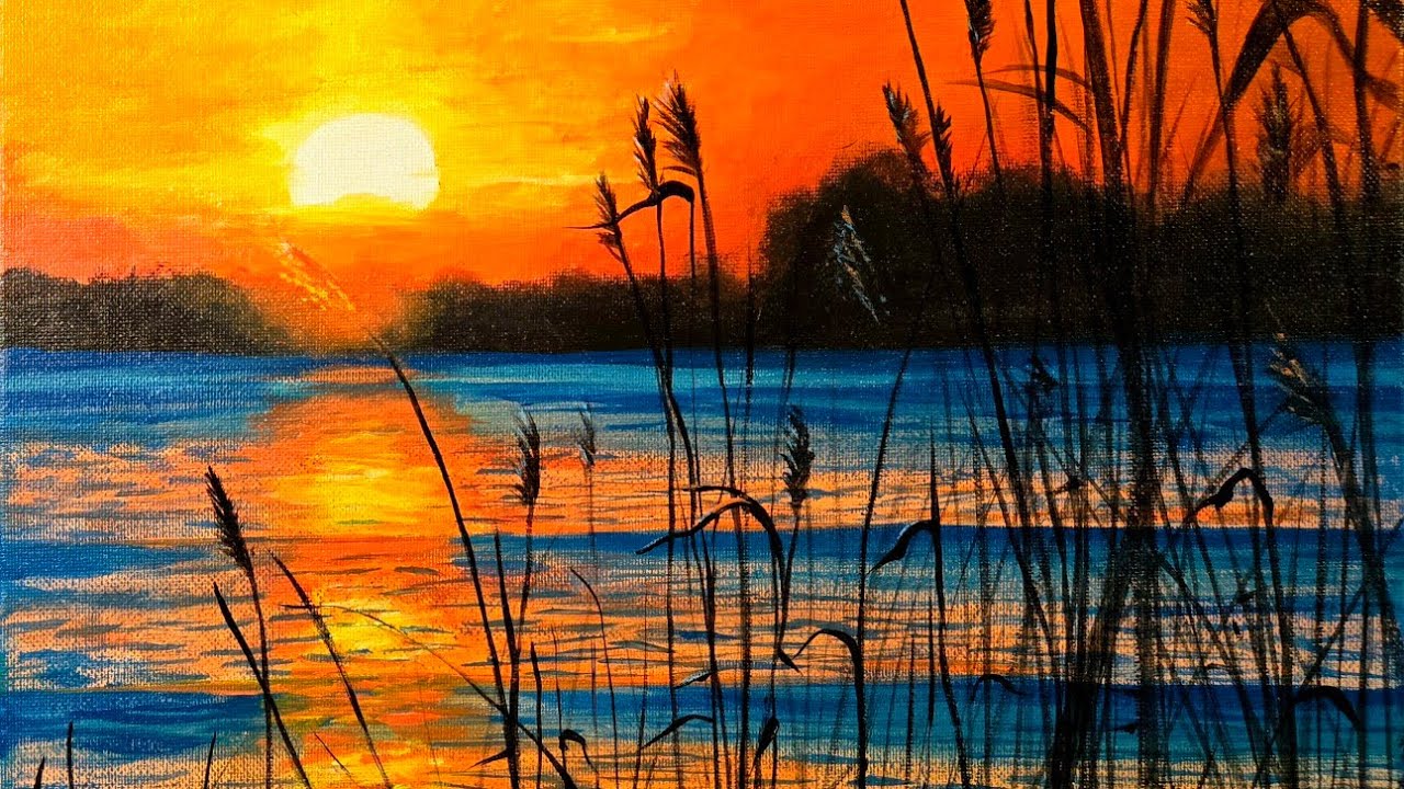 How to paint an Orange Sunset on a Lake | Acrylic Painting Class