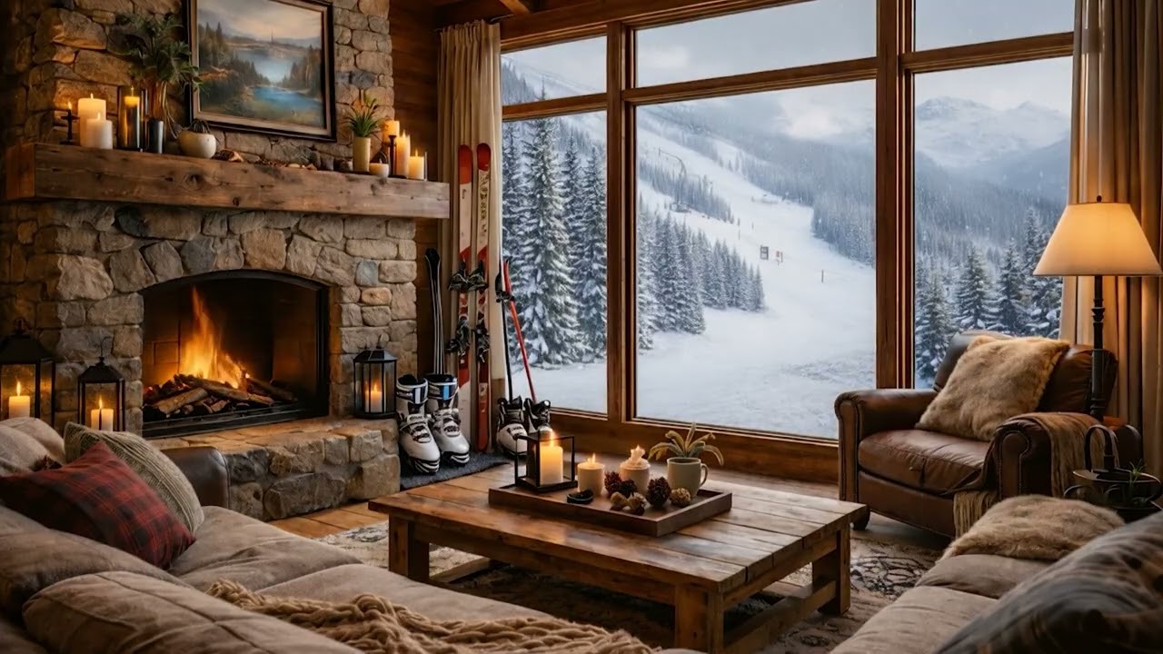 Cozy Ski Lodge Fireplace ❄️ Snowfall & Soft Jazz | Relaxing Winter Cabin Ambience
