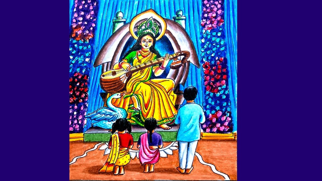 Saraswati puja scenery drawing step by step/Saraswati Devi drawing easy 