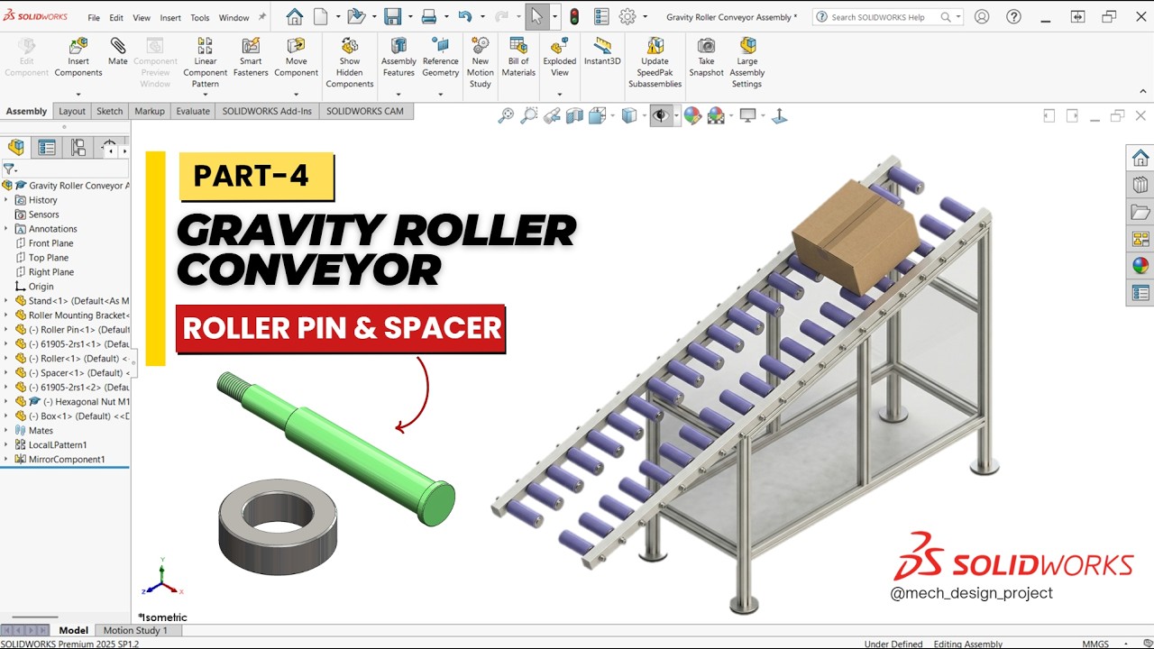 Gravity Roller Conveyor Design in SolidWorks | Part 4 – Conveyor Roller Pin & Spacer Design
