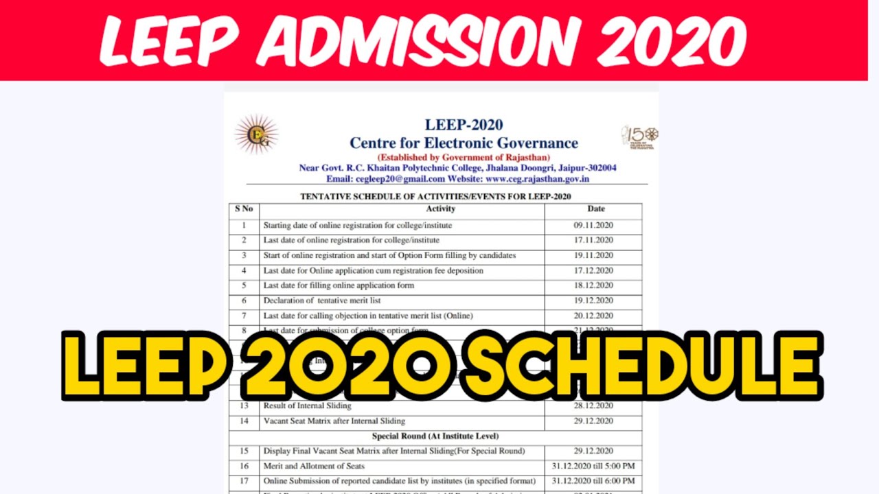 LEEP ADMISSION 2020 OFFICIAL SCHEDULE OF RTU OUT NOW
