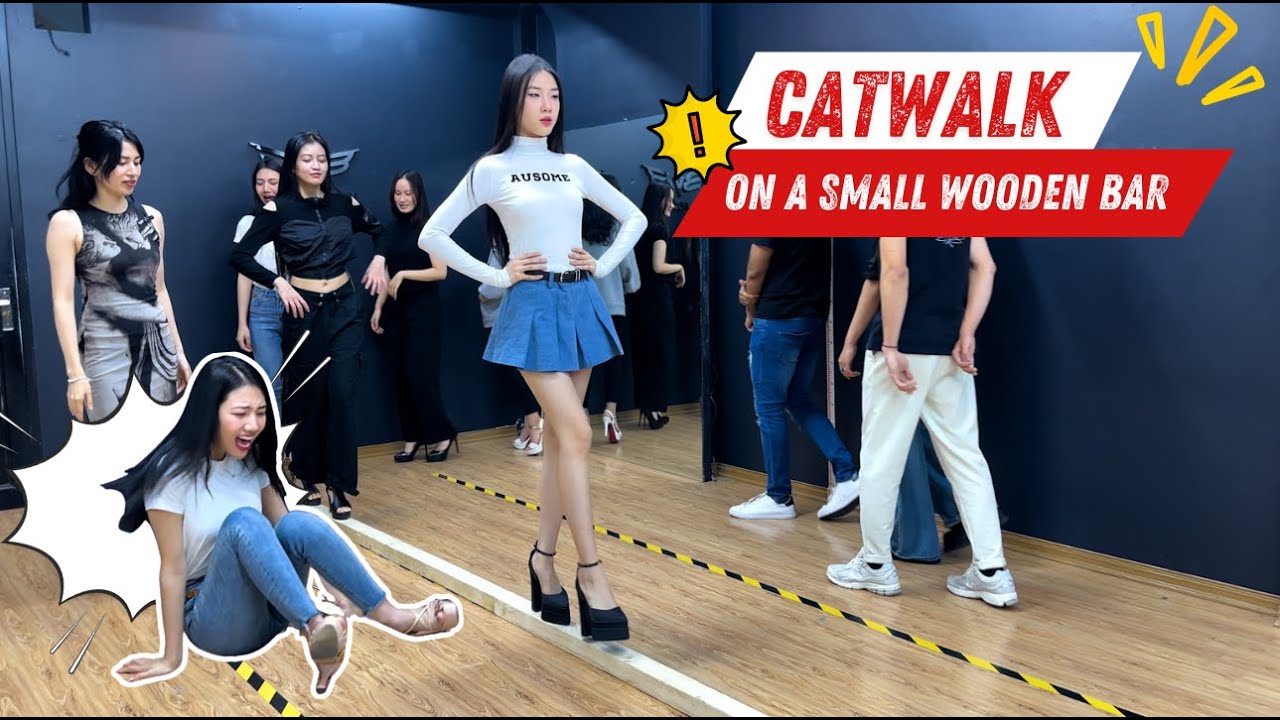 Professional model challenges catwalk on small wooden bar | Exercises to help strengthen your ankles