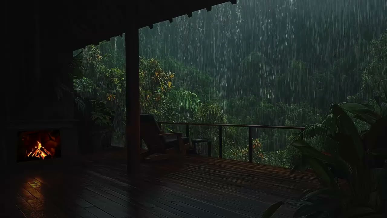 Find Clarity in the Midst of a Tropical Storm with Warm Fireplace | Jungle Ambience
