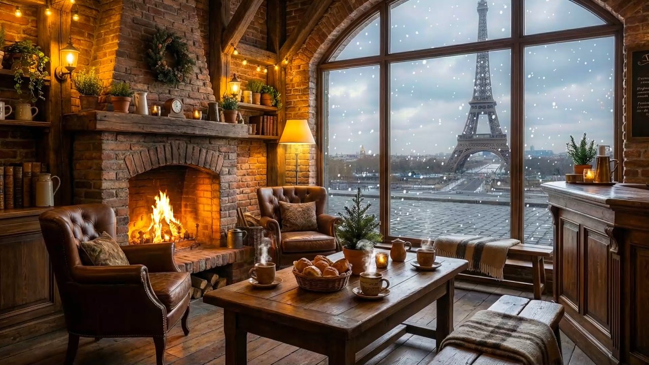 Cozy Winter Cafe Ambience in Paris ☕ Relaxing Jazz Music & Gentle Snowfall for Calm, Stress Relief