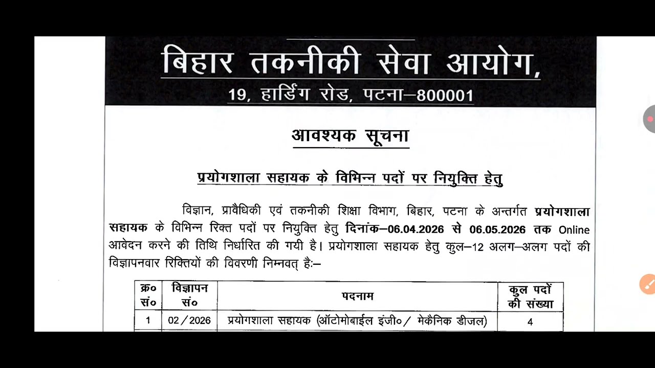 BTSC Lab Assistant Vacancy Out | All Branch Elligible | 1000+ Seats | Diploma Only 