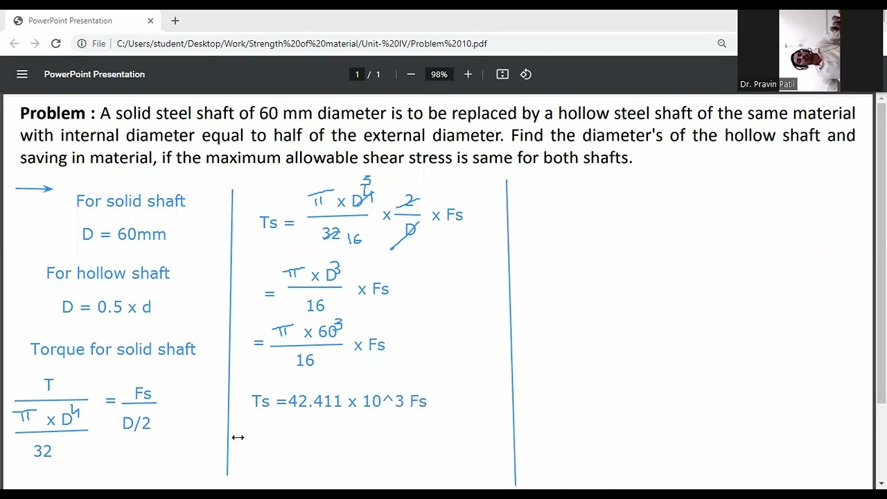 Problem on Torsion/Hollow shaft replaced by solid shaft/ Diameter of shaft/ Strength of Materials