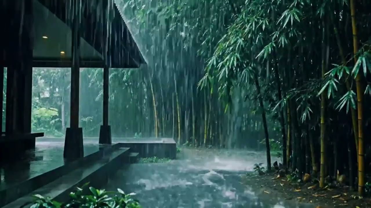 Soothing Heavy Rain ASMR Near House Terrace and Green Bamboo Trees for Calm Sleep Relaxation 00247