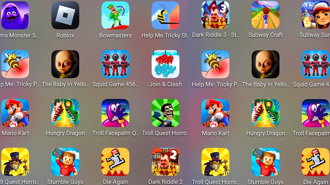 Help Me Tricky Puzzle,Subway Craft,Squid Game,Mario Kart,Troll Facepalm Quest,Stumble Guys,Die Again