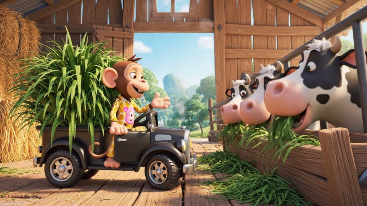 Baby Monkey Delivers Fresh Grass to the Dairy Cows | Kids Storytime