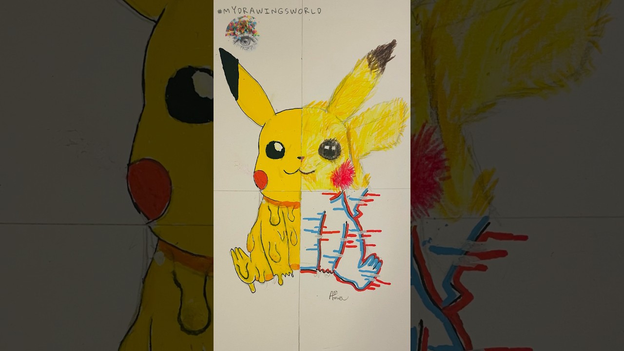Rysuję Pikachu postać Pokemon w 4 stylach #pikachu #pokemon #4styles #shorts