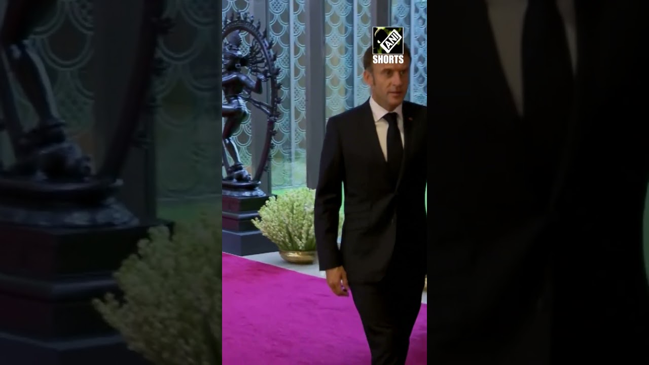 French President Emmanuel Macron arrives at Bharat Mandapam for G20 Summit