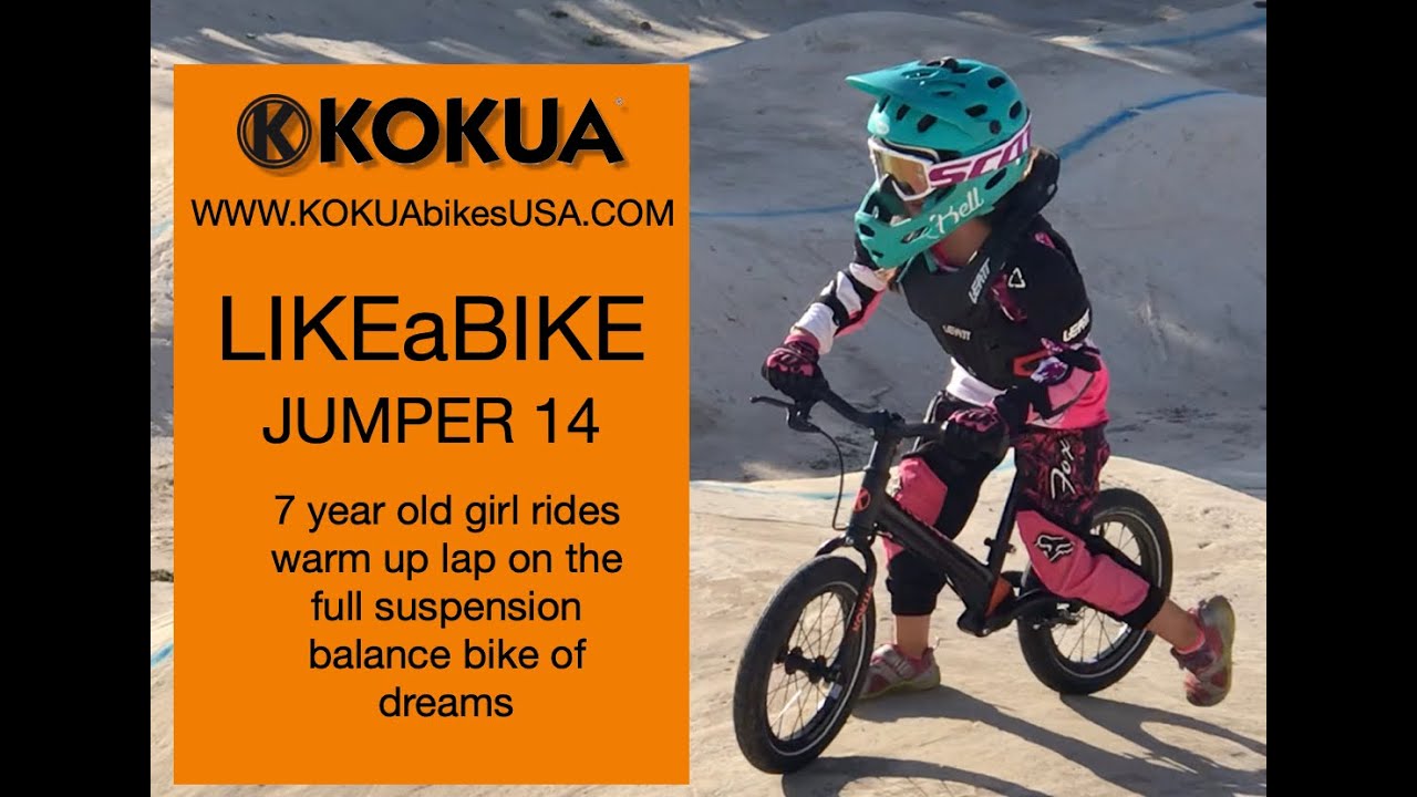 Balance bike KOKUA LIKEaBIKE Jumper 14 at the pump track with 7 year old