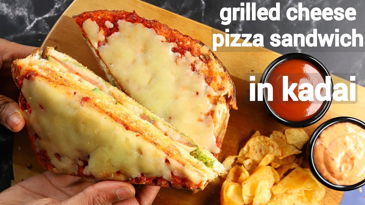 grilled cheese pizza sandwich recipe - in kadai | cheese grilled pizza sandwich | पिज्जा सेन्डविच