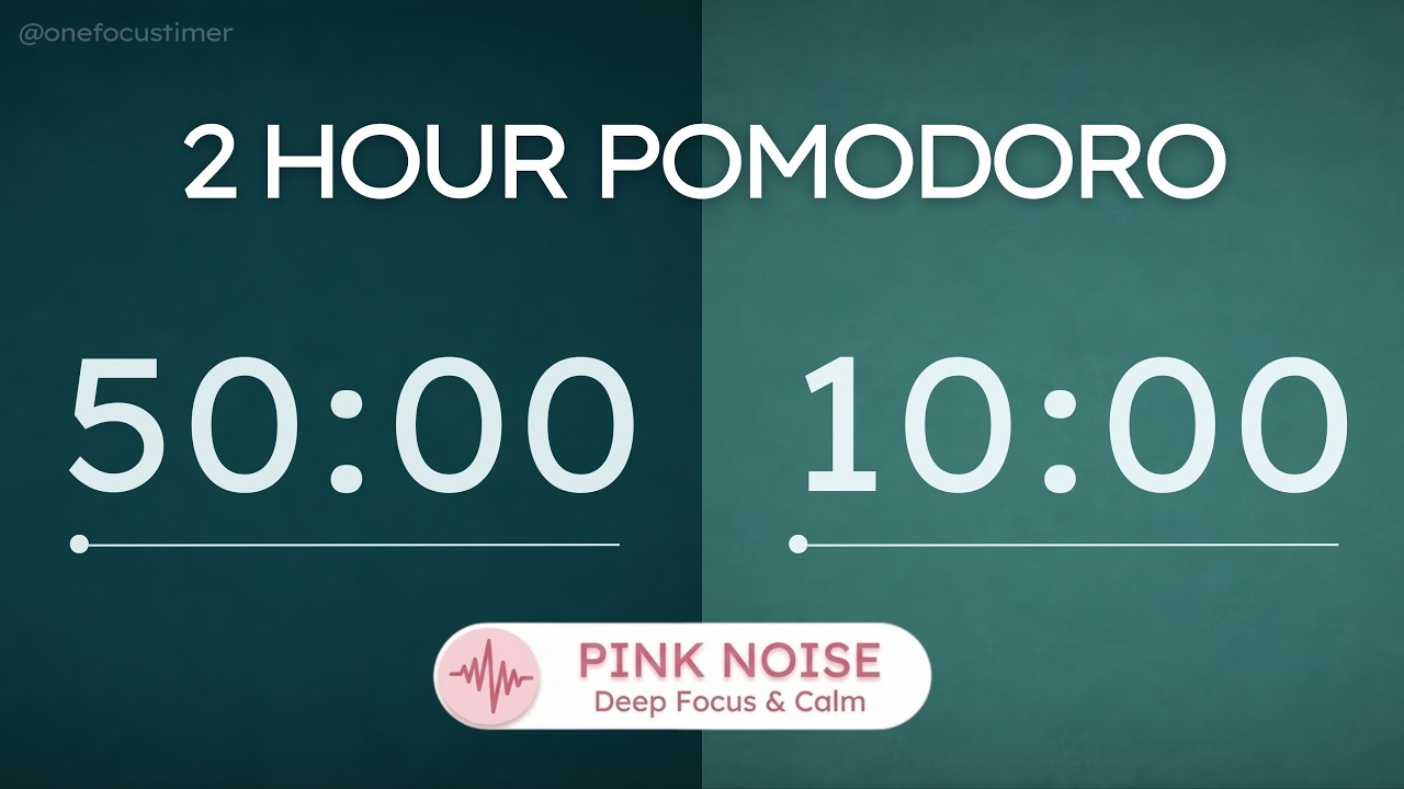 Pink Noise Pomodoro Timer 50/10 (2 Hour) | ADHD Deep Focus | Deep Teal