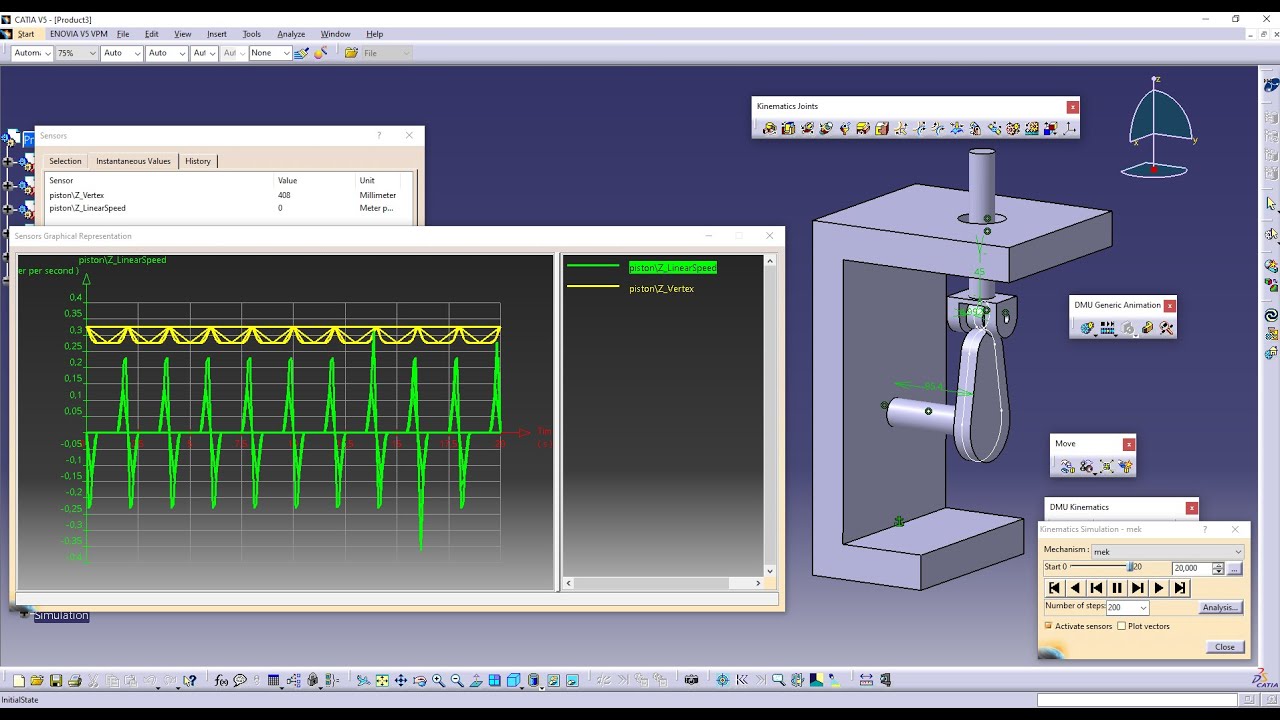CATIA V5 / DMU KINEMATICS ANALYSIS [Roll curve joint + Revolute Joint + Cylindrical Joint]