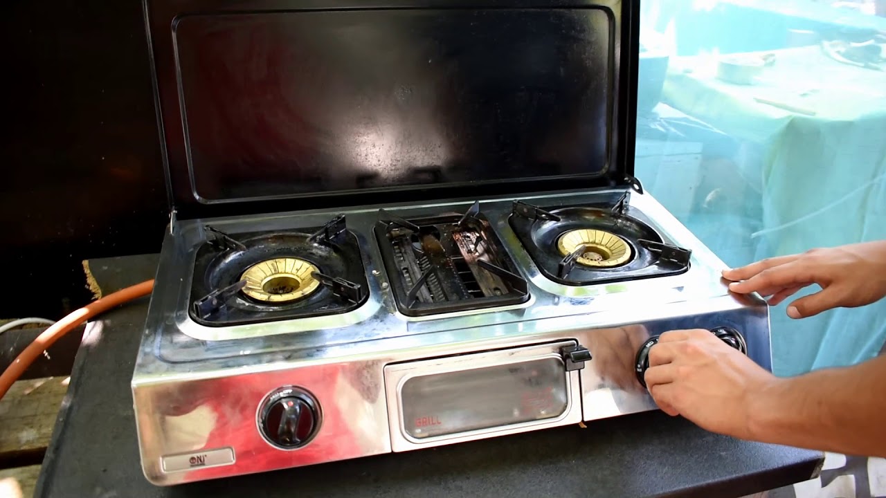 NJ G-87C Stainless Steel Gas Stove with Lid 3 Burners with Grill & Oven for Camping Cooking