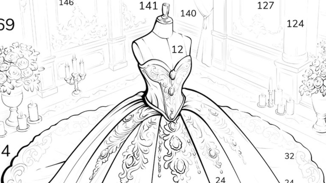 Classic Gown: A grand ball gown with intricate embroidery details in the room | Coloring Games