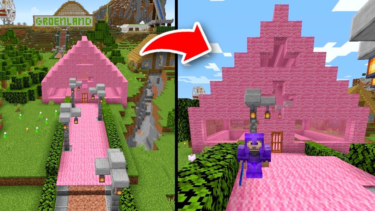 GROOT ROZE HUIS BOUWEN IN HARM ZIJN BASE IN MINECRAFT...