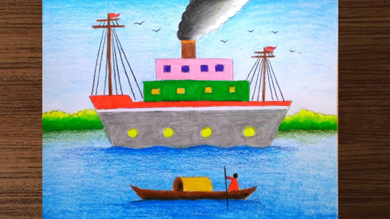 Ship scenery drawing step by step for beginners / Ship drawing easy with colour