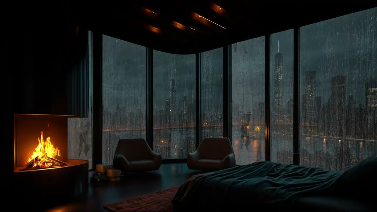 City in the Rain ┇ Fireplace Glow, Window Raindrops & Deep Relaxation