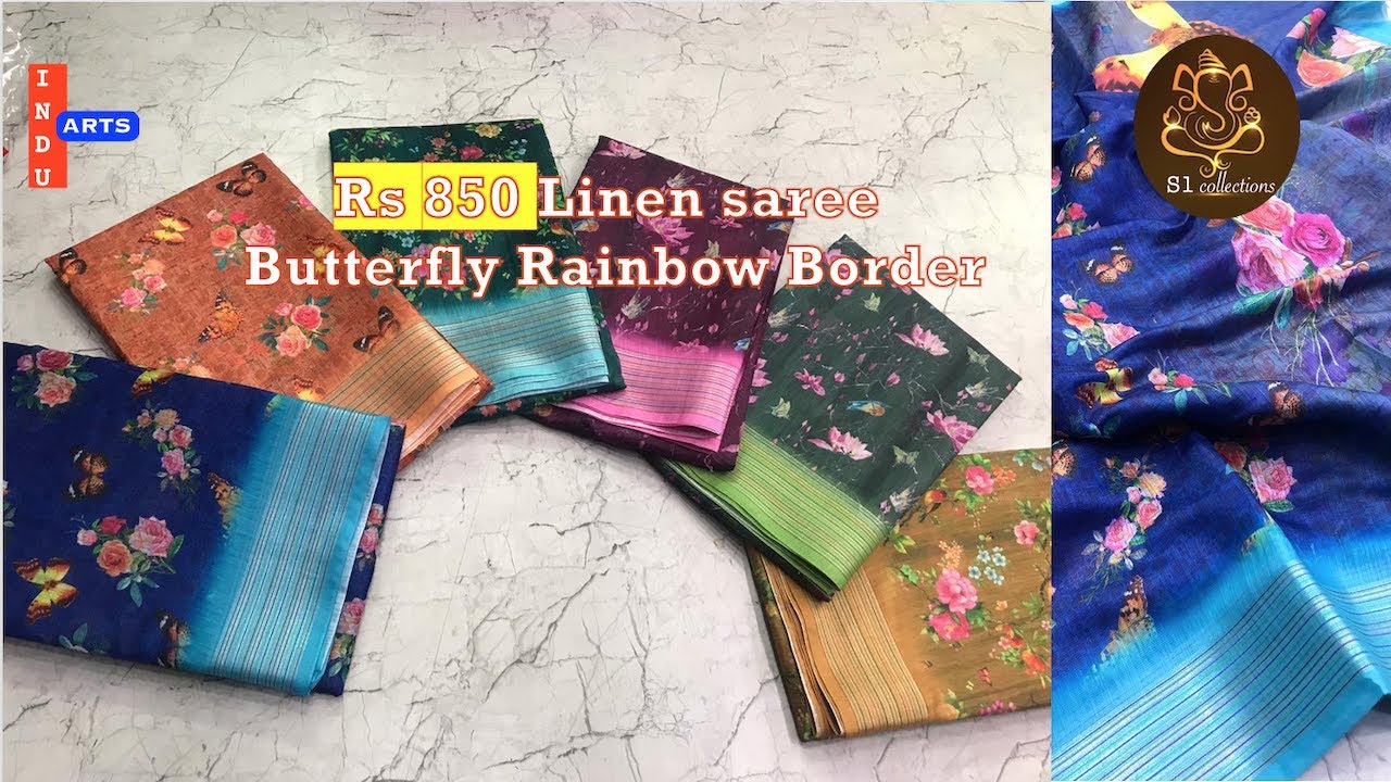 Linen Butterfly Rainbow Border S1 collections Indu arts online shopping