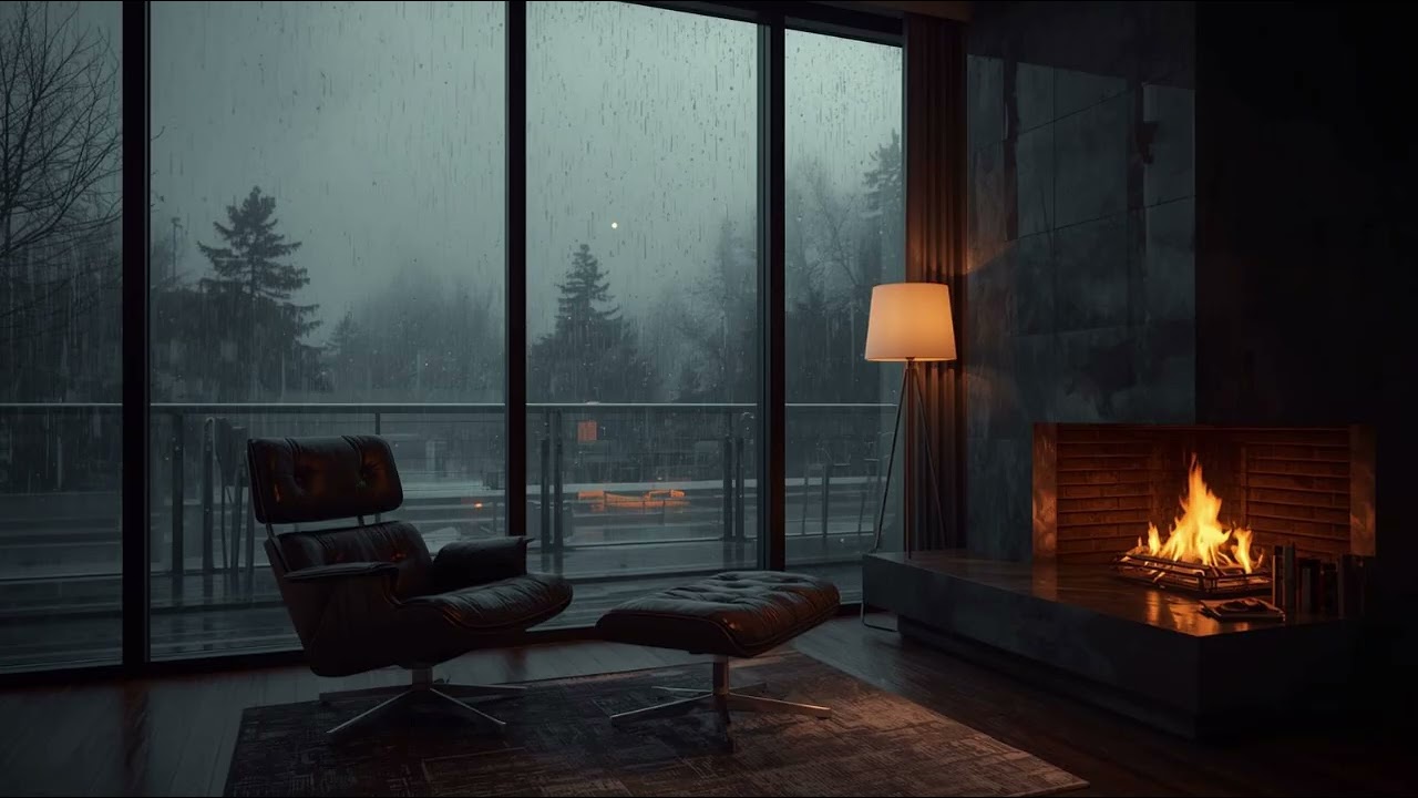 1 Hour Rainy Evening Ambience | Cozy Fireplace Lounge for Deep Focus & Relaxation